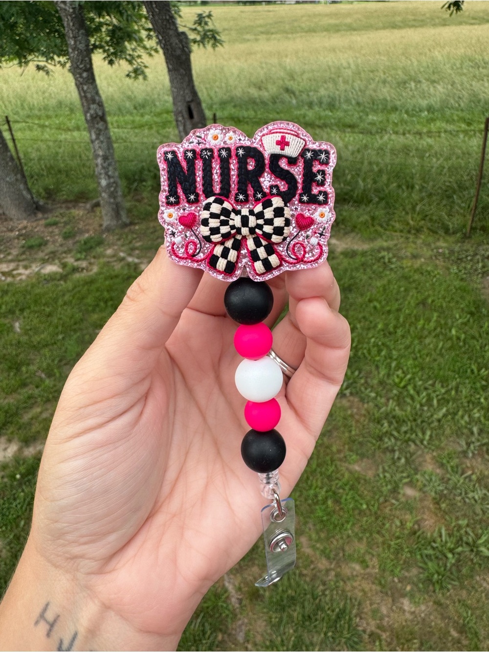 Nurse Badge Reel with Pink, Black & White Beads